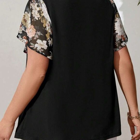 SHEIN CURVE+ Plus Size Women Spring Floral Printed Tie-Up Black Shirt - Picture 3 of 5